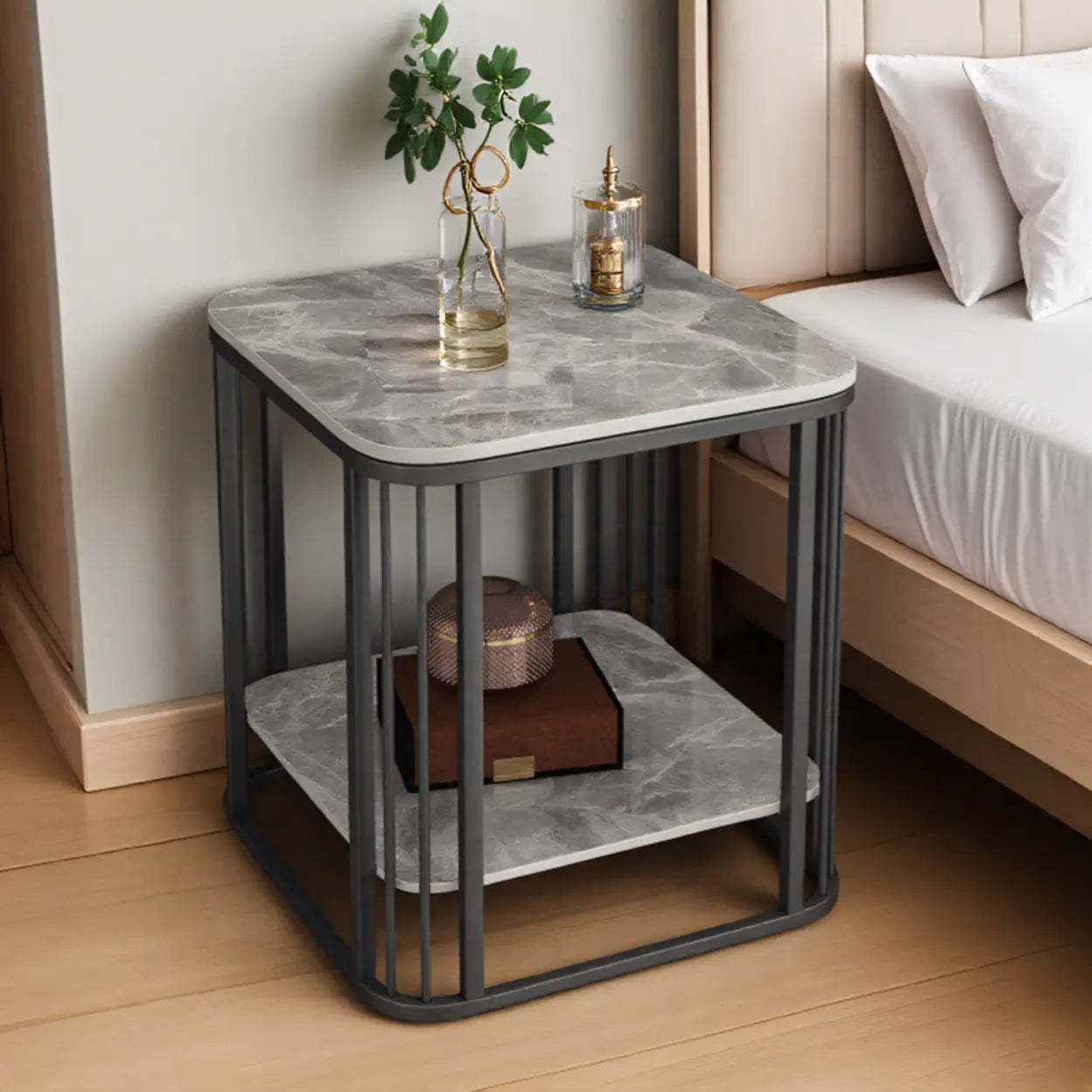 Stone Metal Square Side Table with Shelf