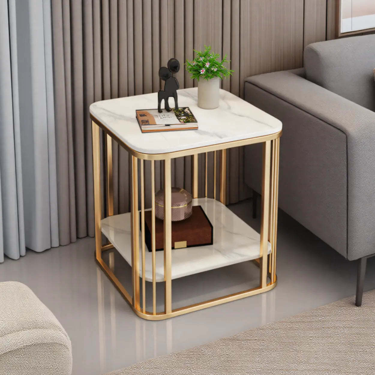 Stone Metal Square Side Table with Shelf