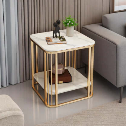 Stone Metal Square Side Table with Shelf