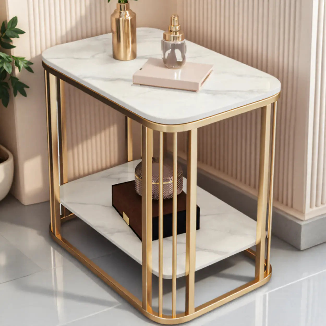 Stone Metal Square Side Table with Shelf