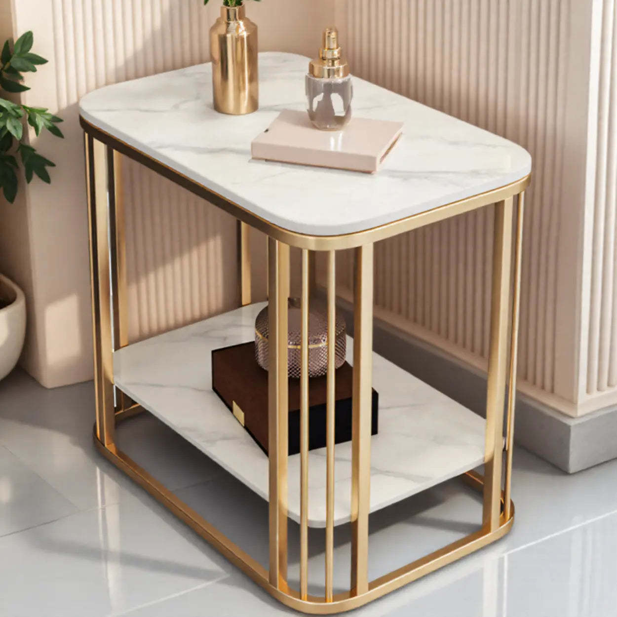 Stone Metal Square Side Table with Shelf