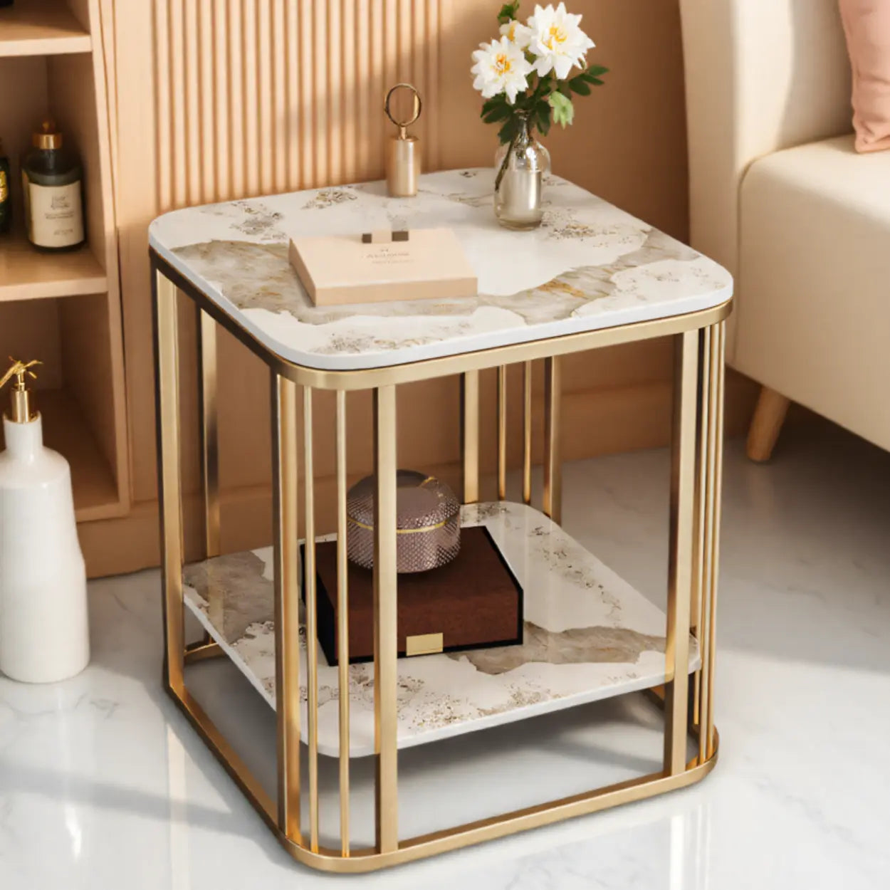 Stone Metal Square Side Table with Shelf