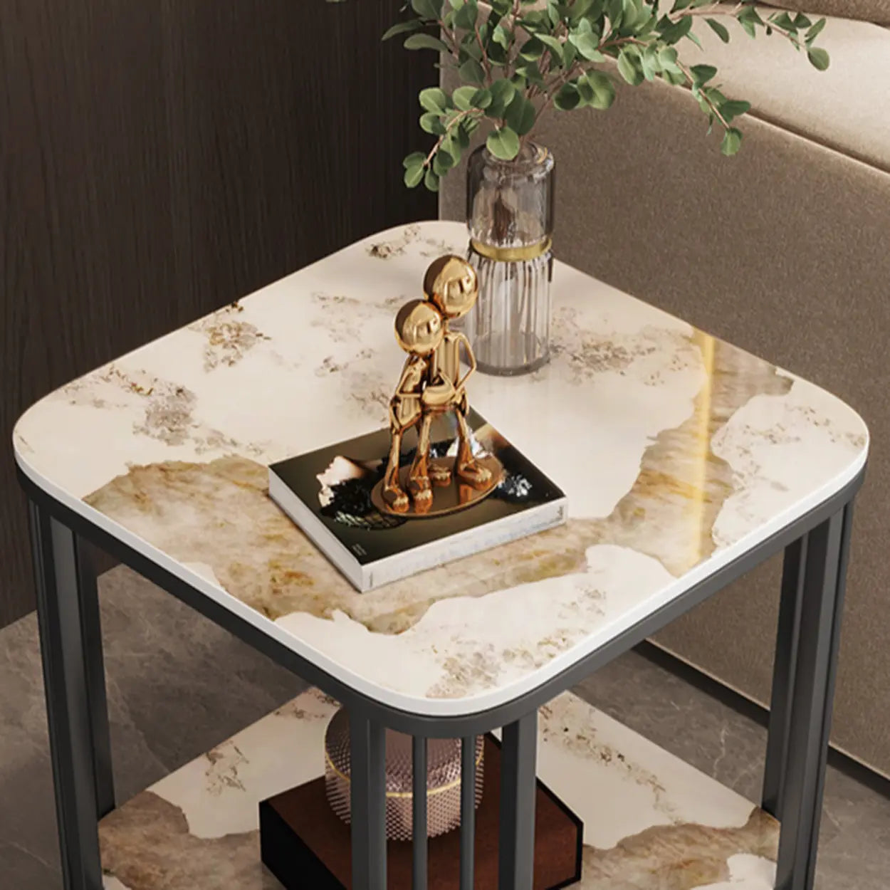 Stone Metal Square Side Table with Shelf