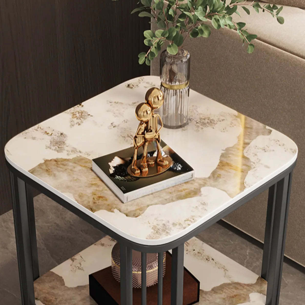 Stone Metal Square Side Table with Shelf