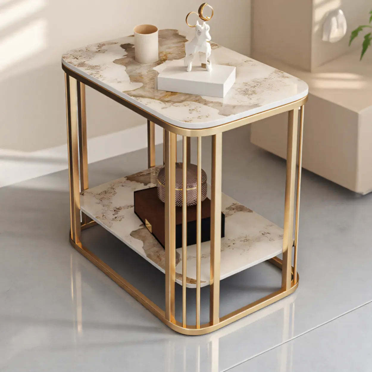 Stone Metal Square Side Table with Shelf