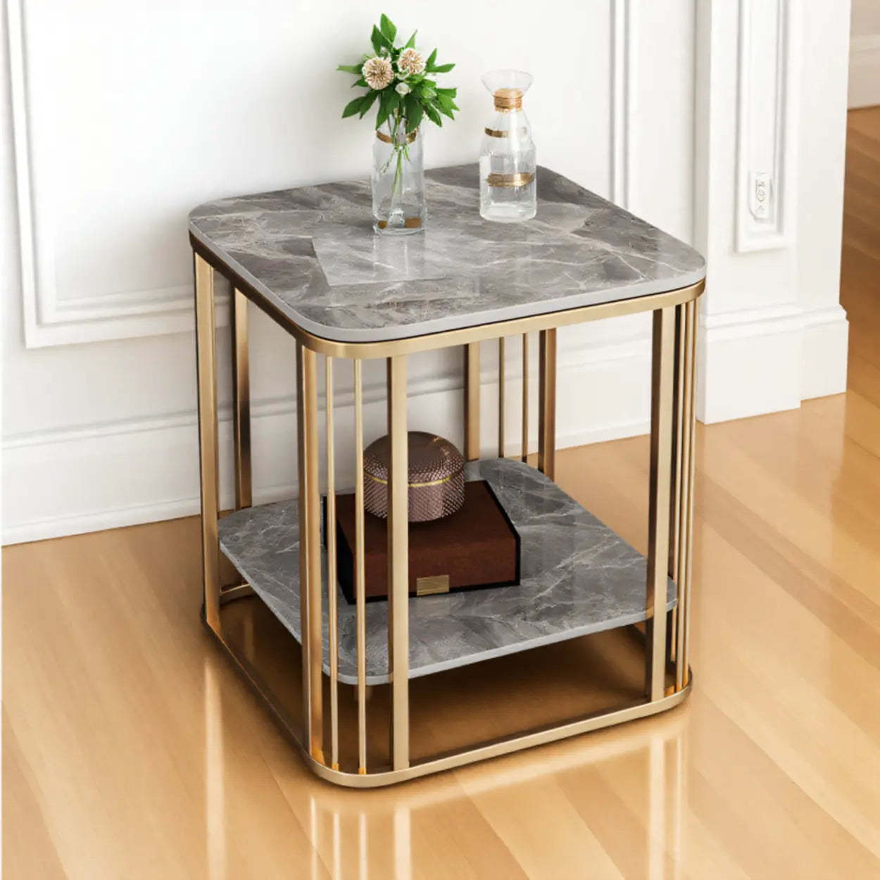 Stone Metal Square Side Table with Shelf