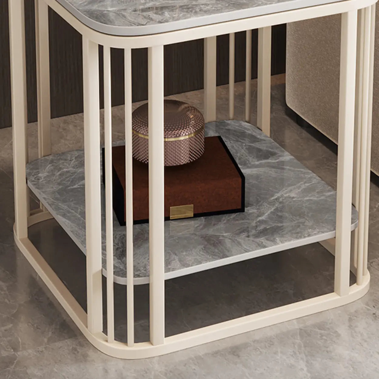 Stone Metal Square Side Table with Shelf
