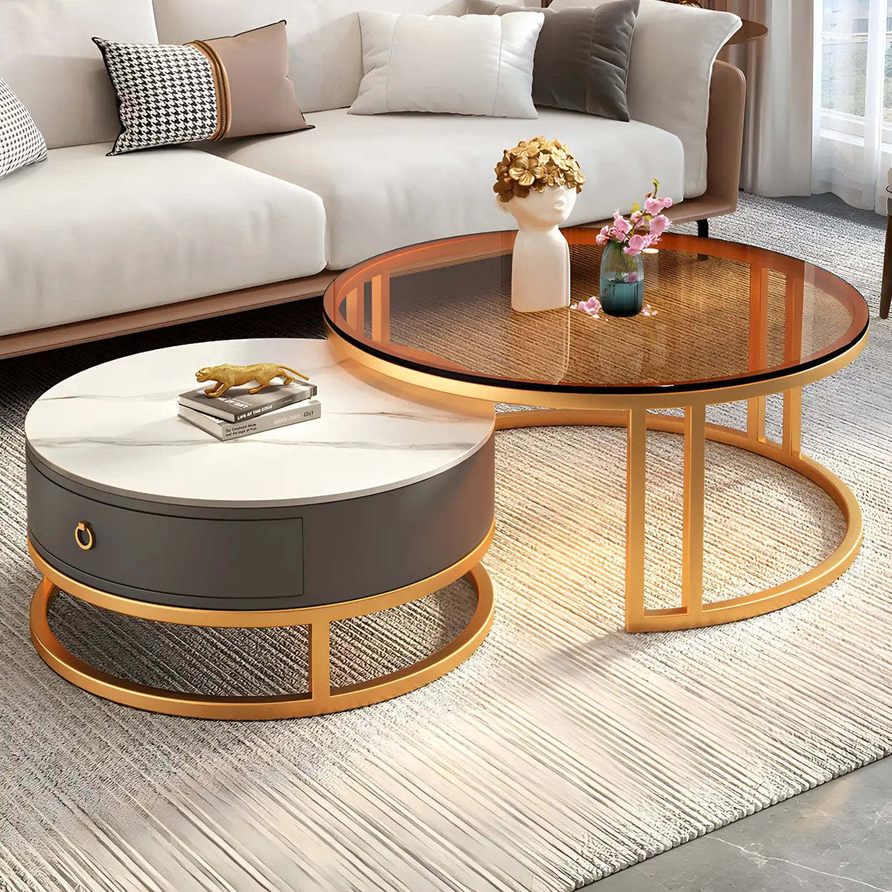 Modern Glass Round Steel Frame Nesting Coffee Tables — Black