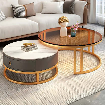 Modern Glass Round Steel Frame Nesting Coffee Tables — Black