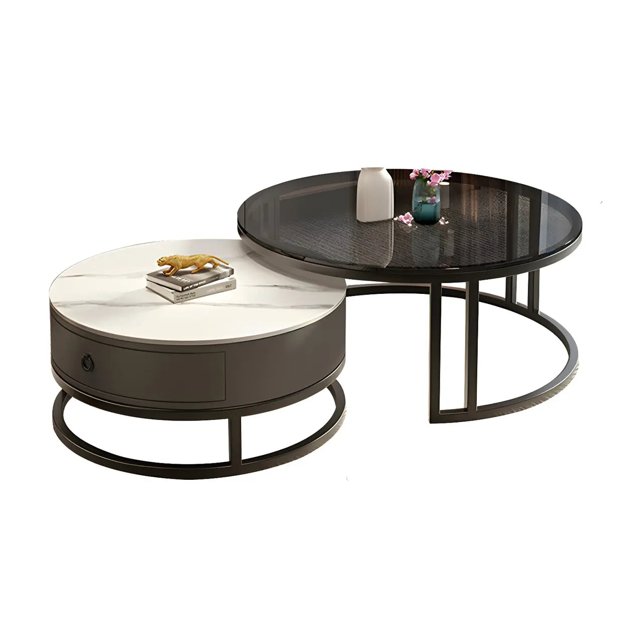Modern Glass Round Steel Frame Nesting Coffee Tables — Black Gray-White
