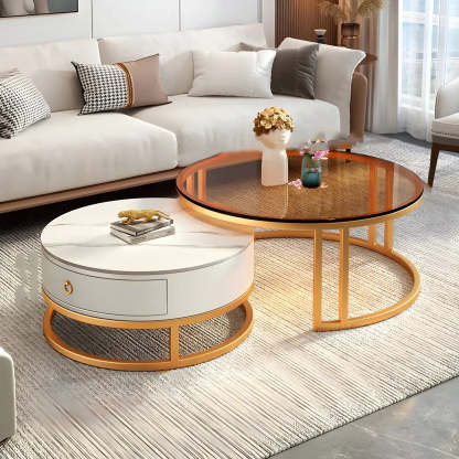 Modern Glass Round Steel Frame Nesting Coffee Tables — Black and White