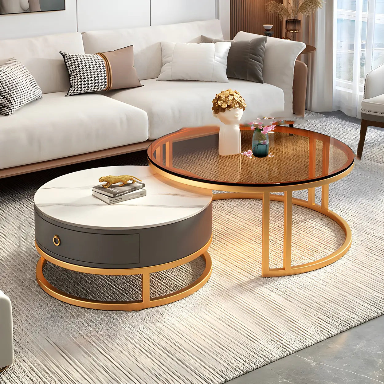 Modern Glass Round Steel Frame Nesting Coffee Tables — Black/White/Gray