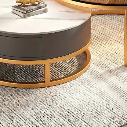Modern Glass Round Steel Frame Nesting Coffee Tables — Beige/ Gold
