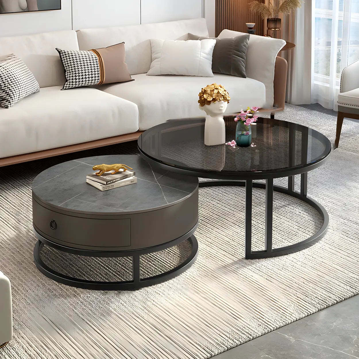 Modern round nesting coffee tables in steel — 28"L x 28"W x 18"H & 20"L x 20"W x 16"H / Black