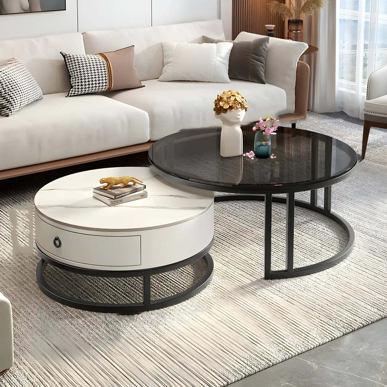 Modern Glass Round Steel Frame Nesting Coffee Tables — Black and White