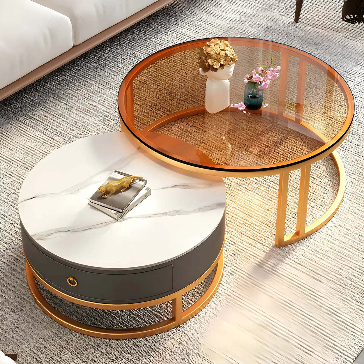 Modern Glass Round Steel Frame Nesting Coffee Tables — Grey-Gold-White