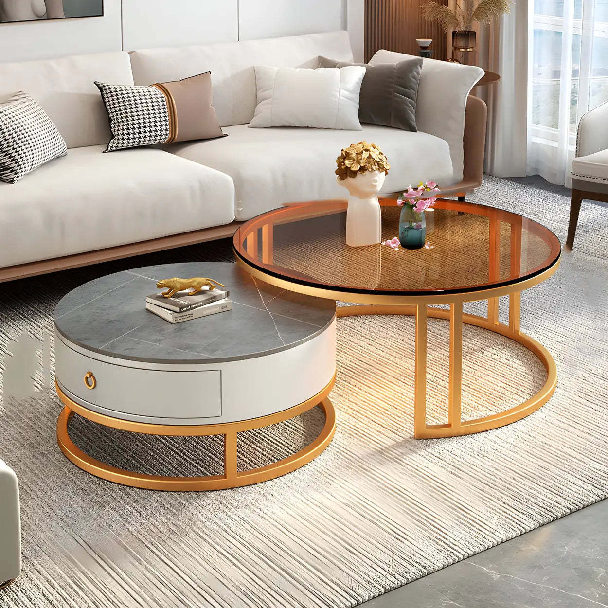Modern Glass Round Steel Frame Nesting Coffee Tables — Black/White/Gray