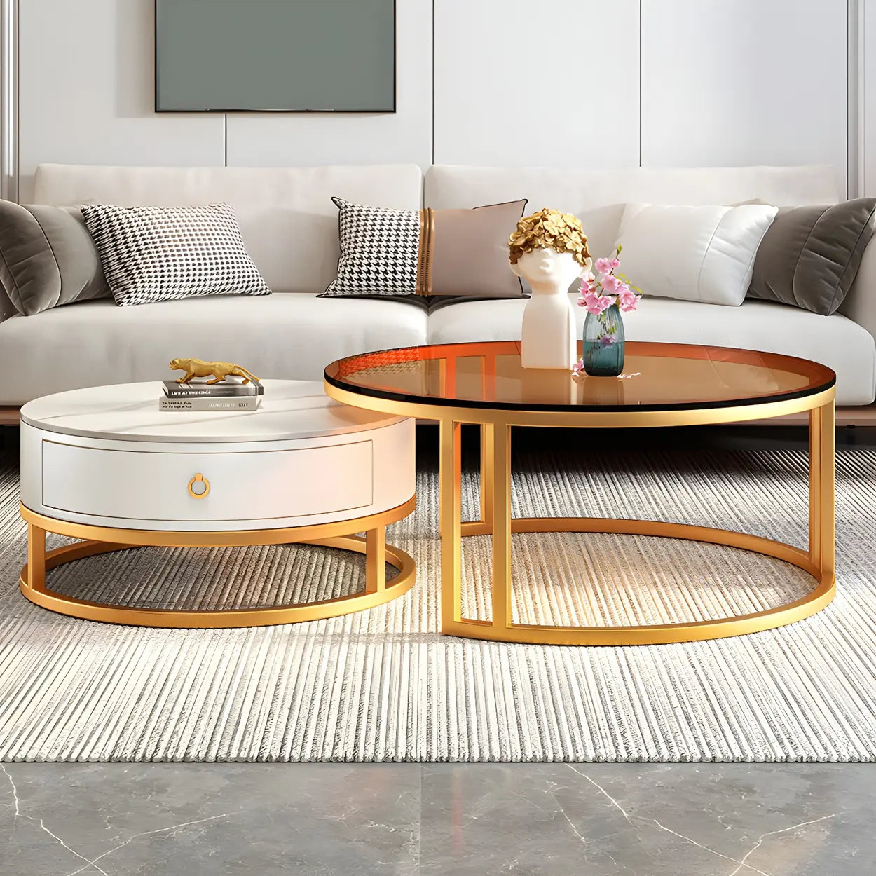 Modern Glass Round Steel Frame Nesting Coffee Tables — White-Gold