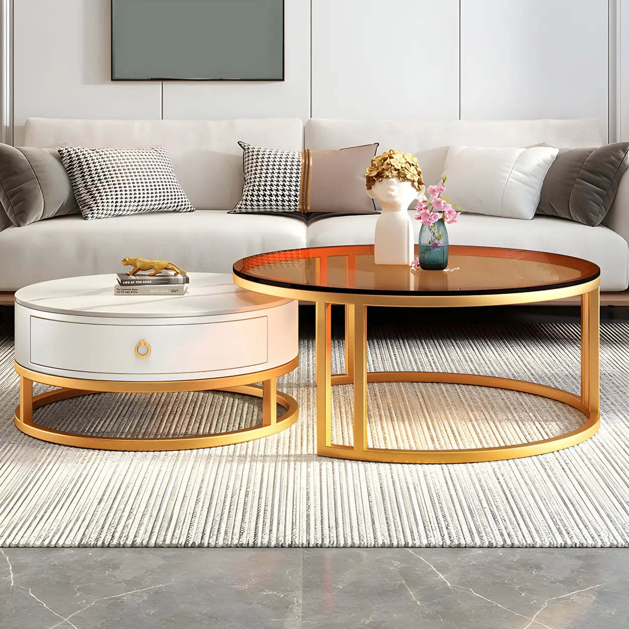 Modern Glass Round Steel Frame Nesting Coffee Tables — White-Gold