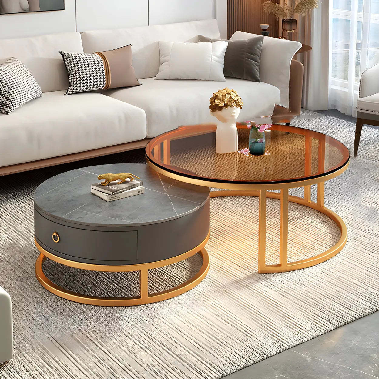 Modern Glass Round Steel Frame Nesting Coffee Tables — Beige/ Gold