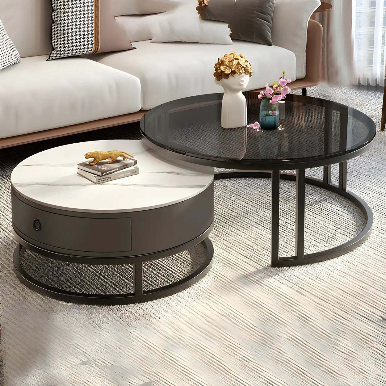 Modern Glass Round Steel Frame Nesting Coffee Tables — Gray-Gold