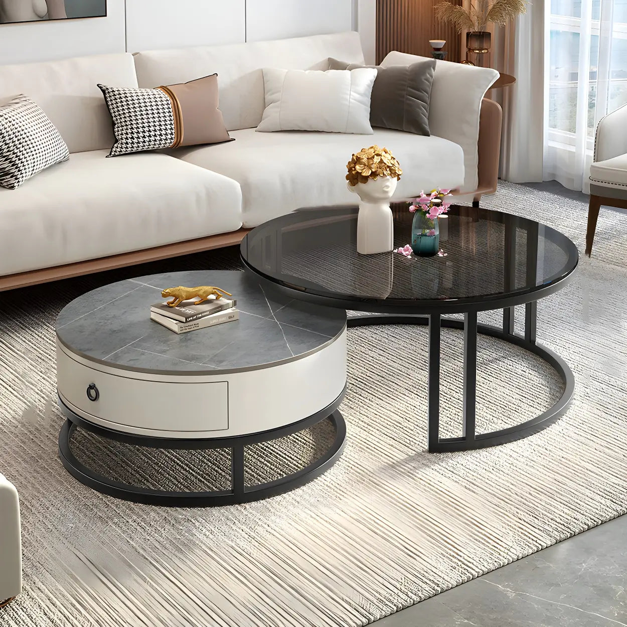 Modern Glass Round Steel Frame Nesting Coffee Tables — Black