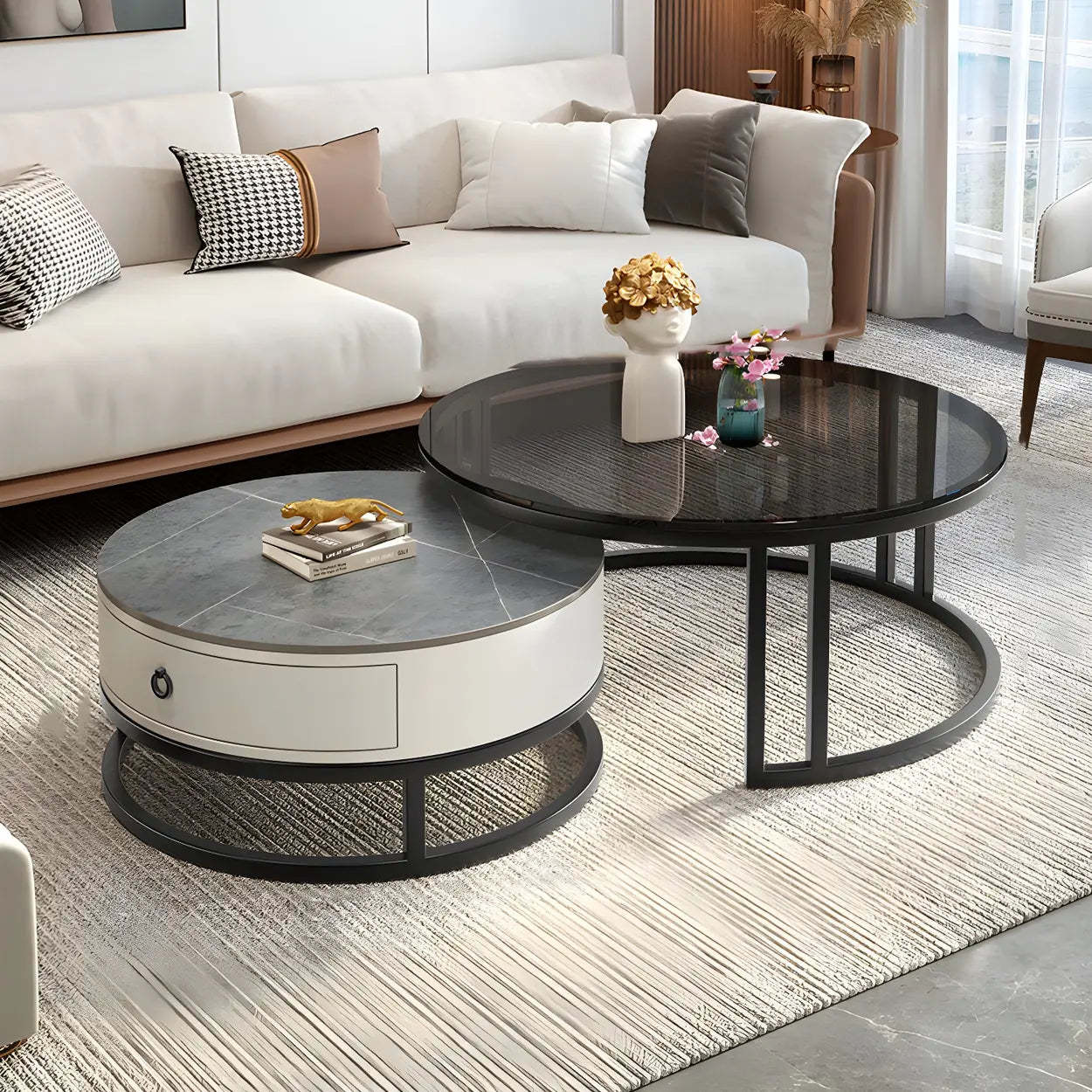 Modern Glass Round Steel Frame Nesting Coffee Tables — Black
