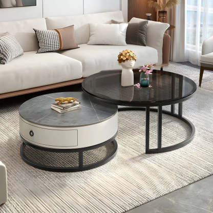 Modern Glass Round Steel Frame Nesting Coffee Tables — Black