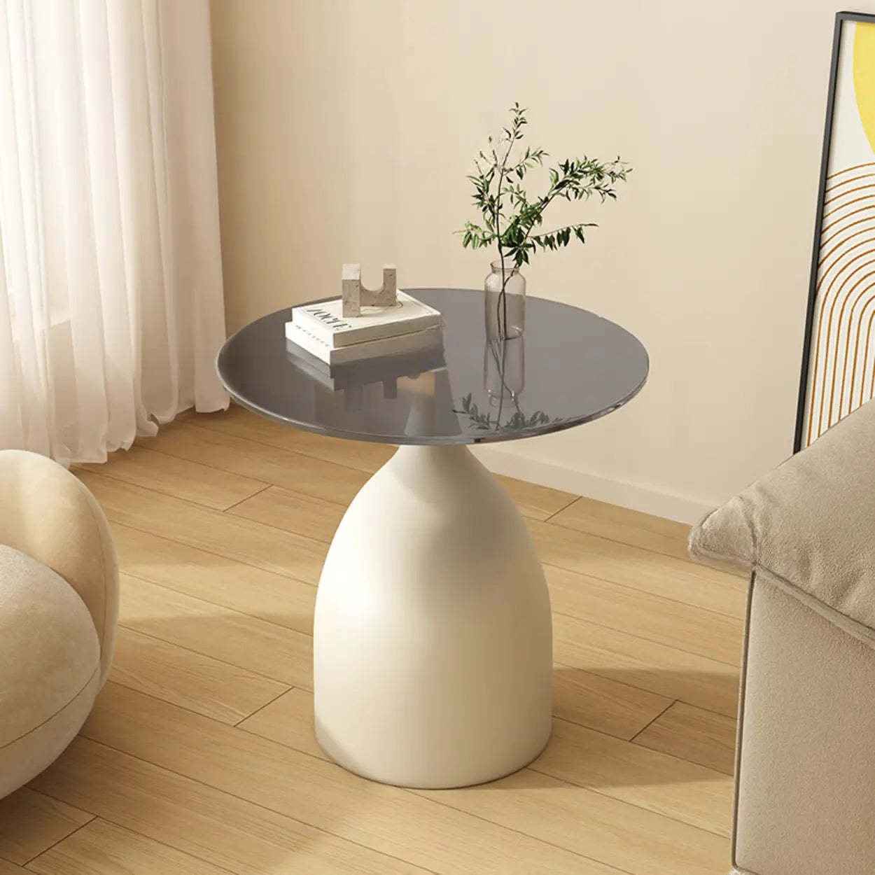 Modern circular top gray glass coffee tables, Lighom — 16" H x 16" Dia x 16" L / Beige