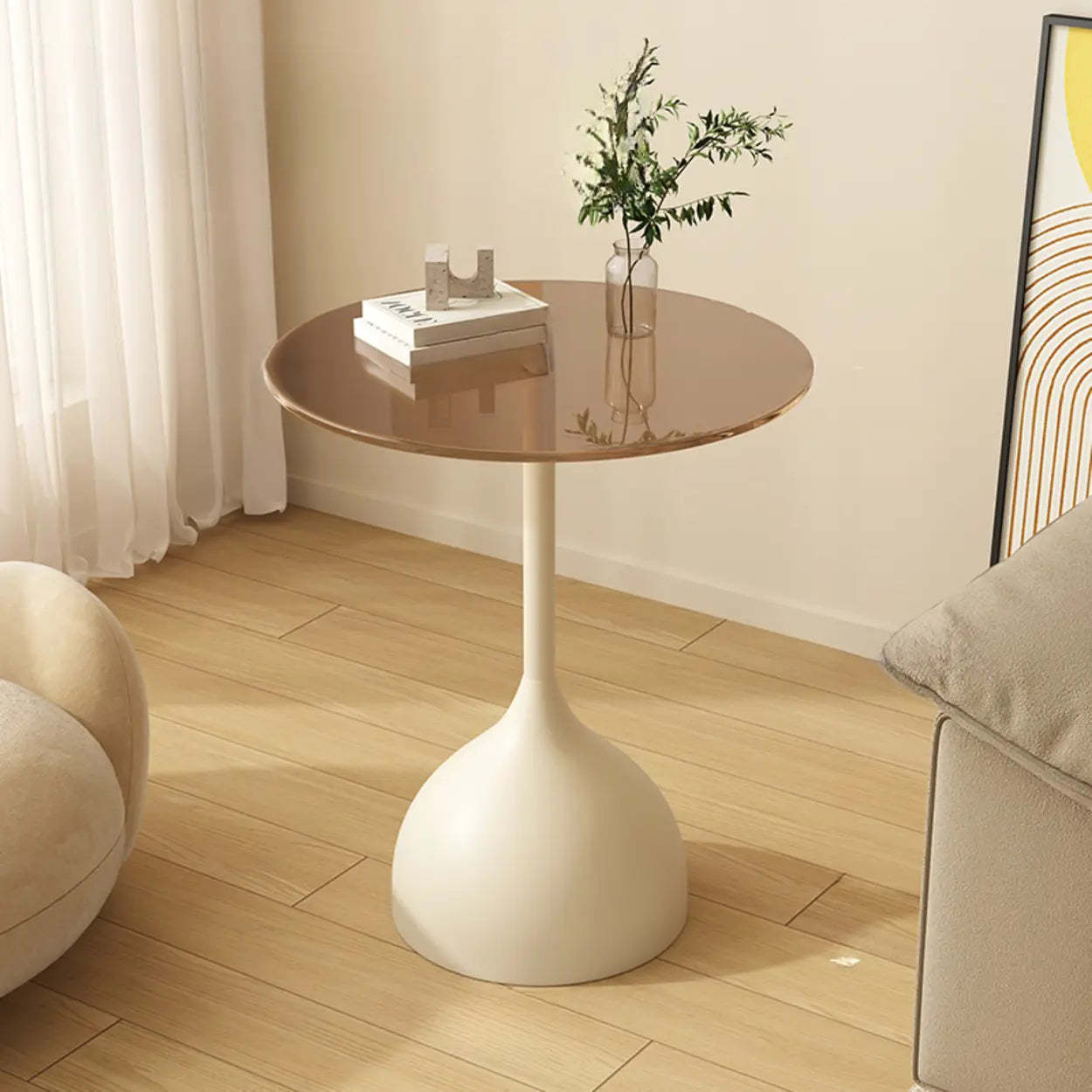 Glass Top Circular Pedestal Side Table — Black / Tawny
