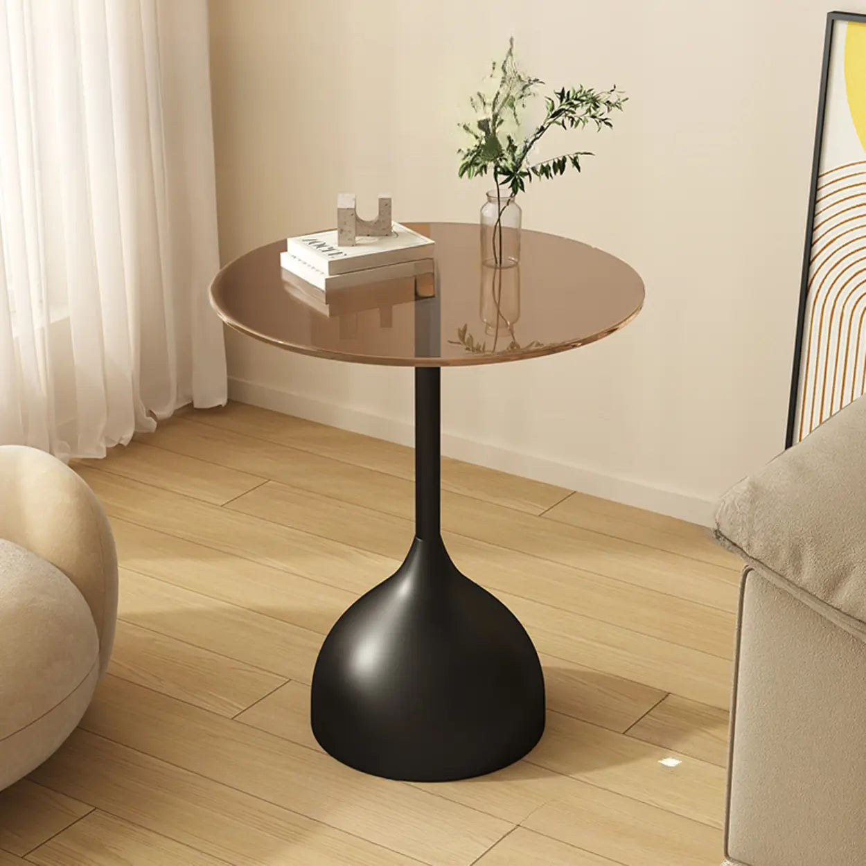 Glass Top Circular Pedestal Side Table — Beige / Gray