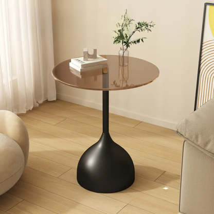 Glass Top Circular Pedestal Side Table — Beige / Gray