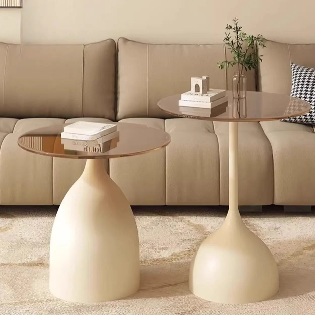 Glass Top Circular Pedestal Side Table — Beige / Tawny