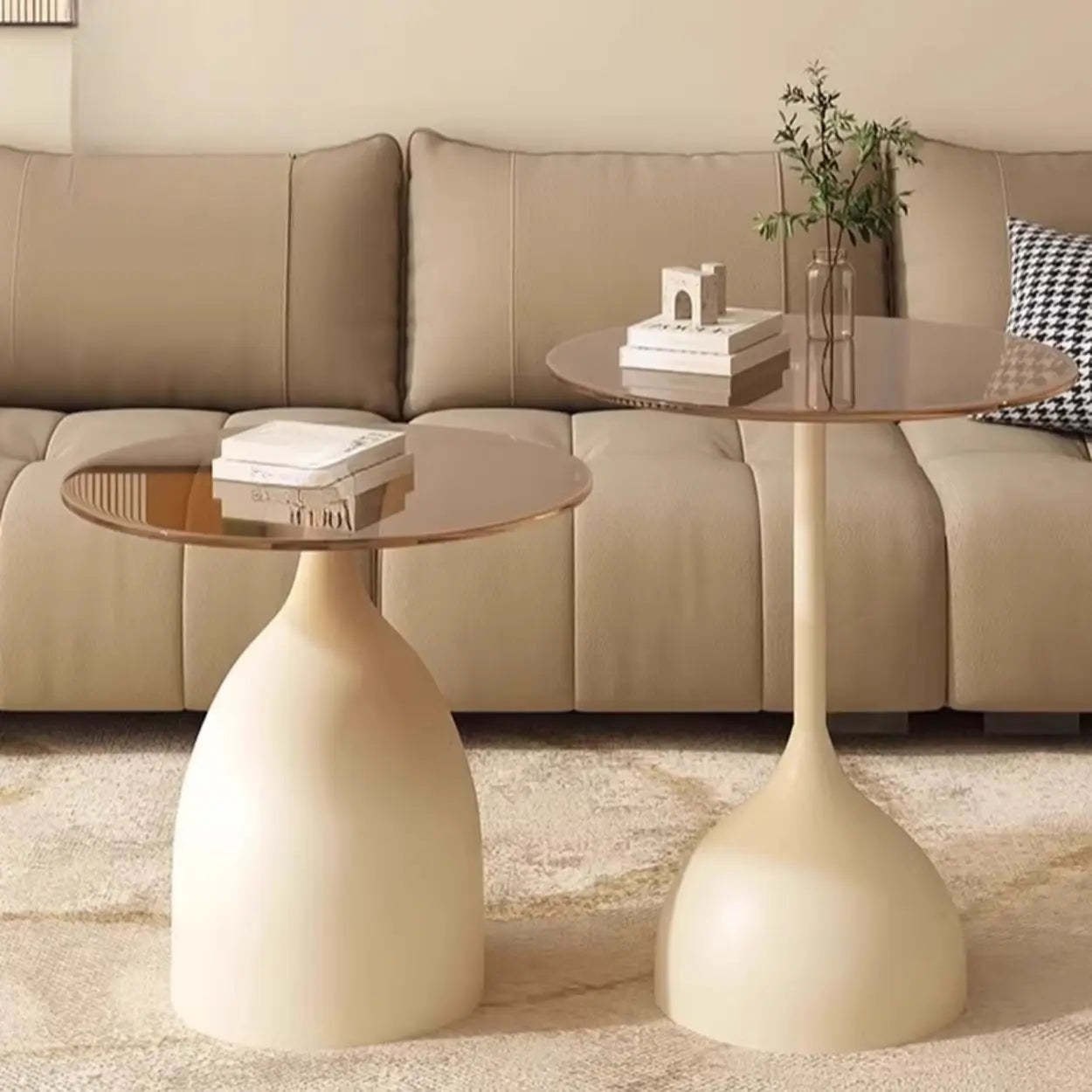 Glass Top Circular Pedestal Side Table — Beige / Tawny