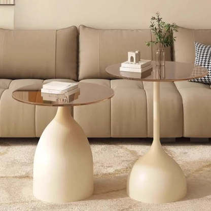Glass Top Circular Pedestal Side Table — Beige / Tawny
