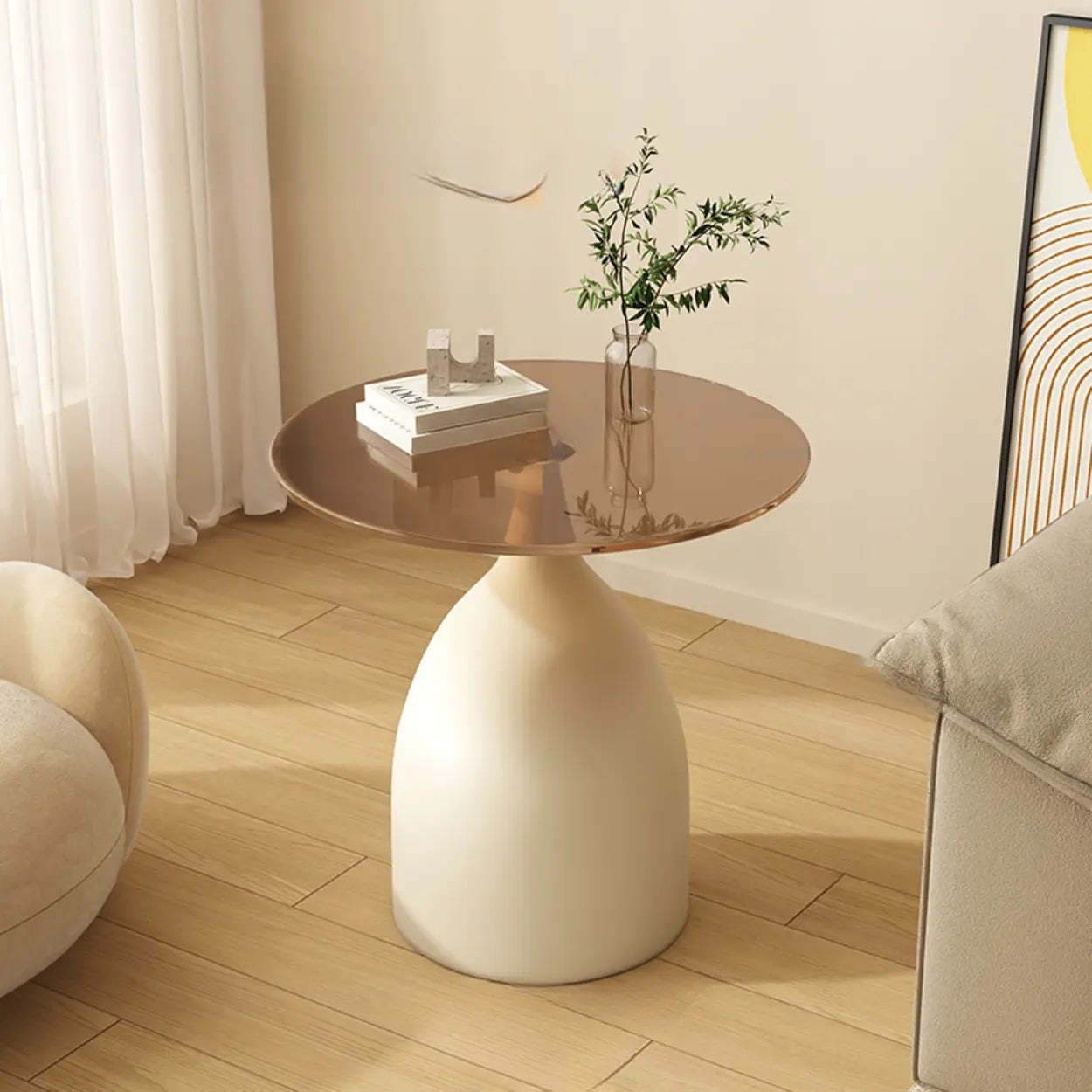 Glass Top Circular Pedestal Side Table — Black / Gray