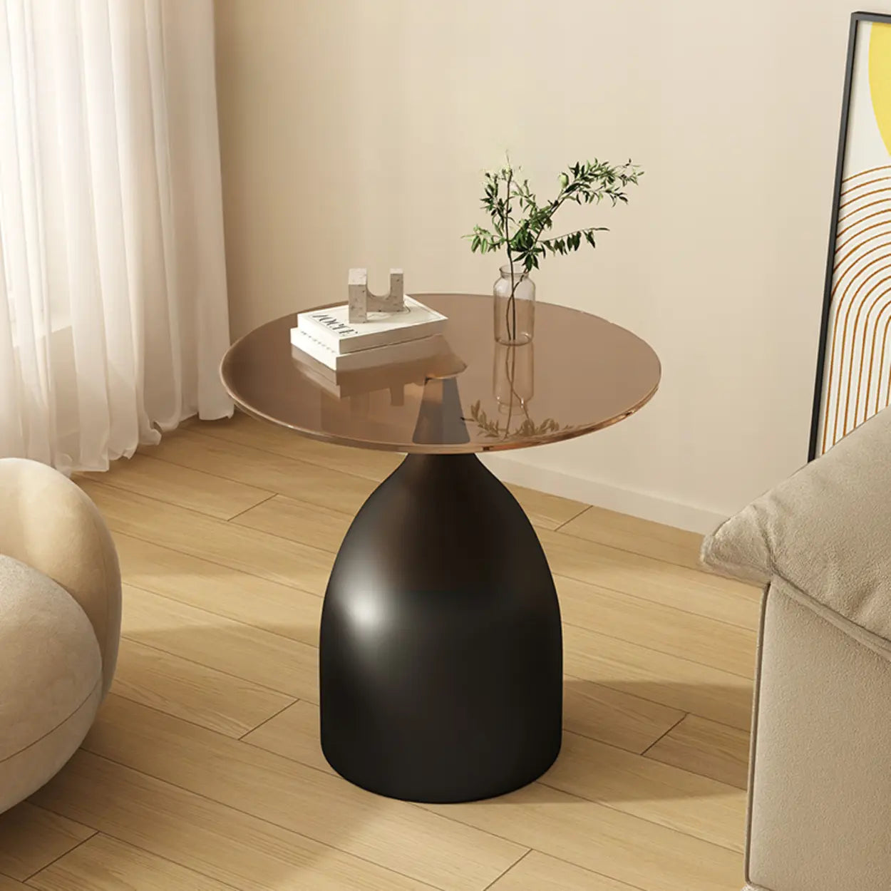 Glass Top Circular Pedestal Side Table — Beige / Gray
