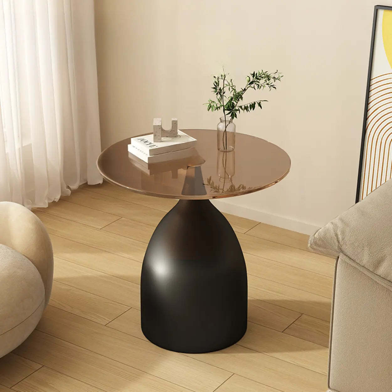 Glass Top Circular Pedestal Side Table — Beige / Gray