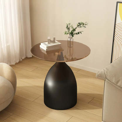 Glass Top Circular Pedestal Side Table — Beige / Gray