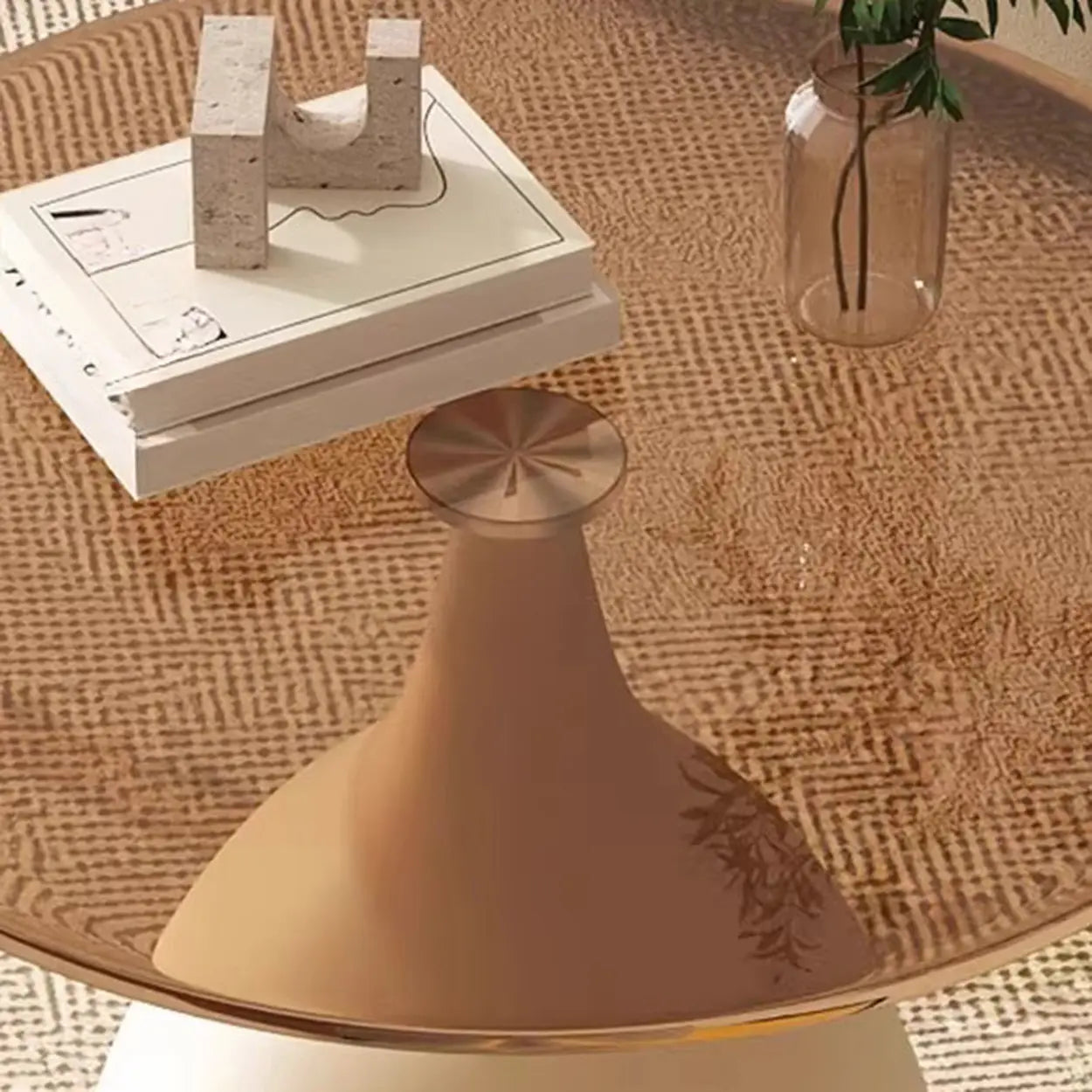 Glass Top Circular Pedestal Side Table — Beige / Tawny