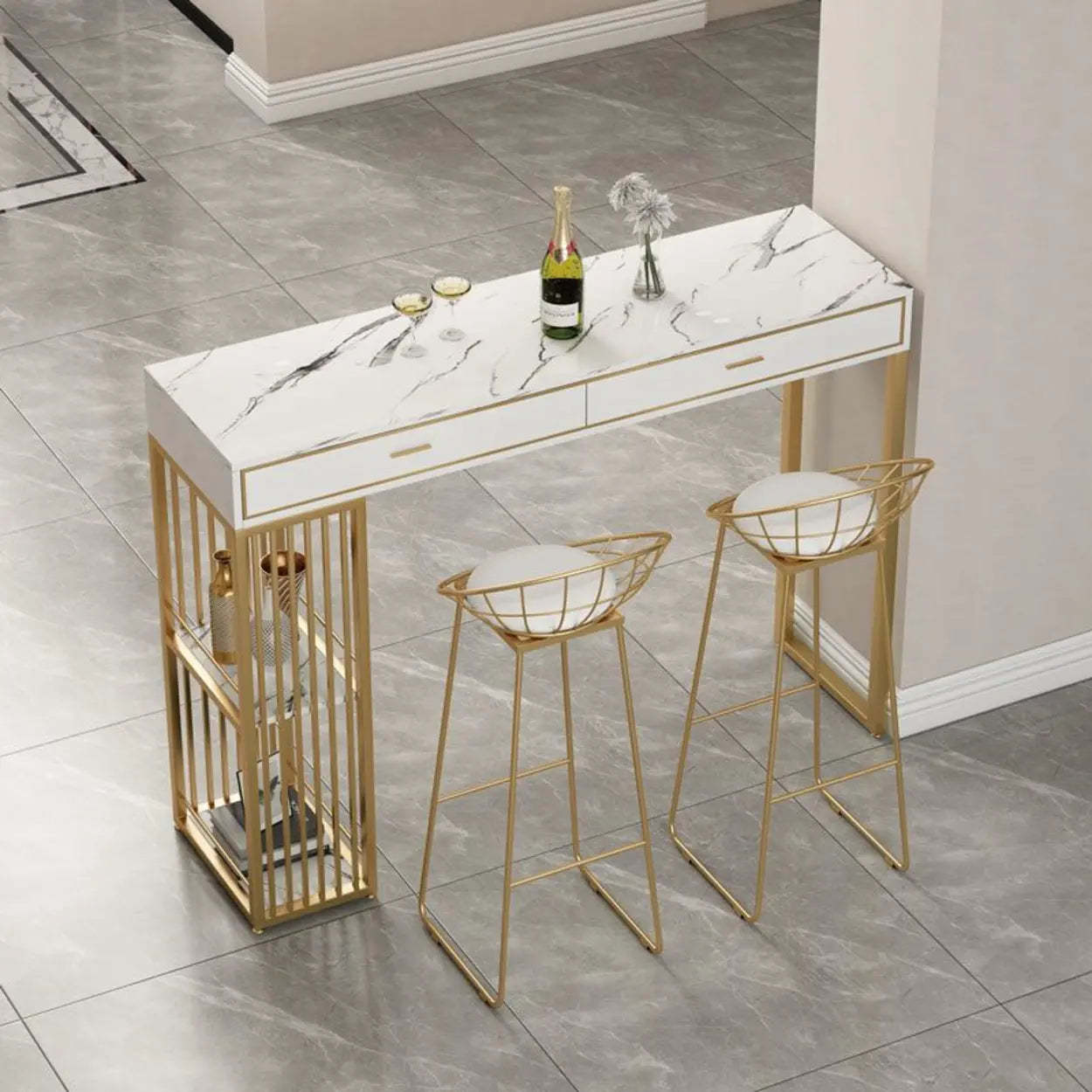 Modern Gold Bar Height Table with Shelves — Gold-White / Table Only