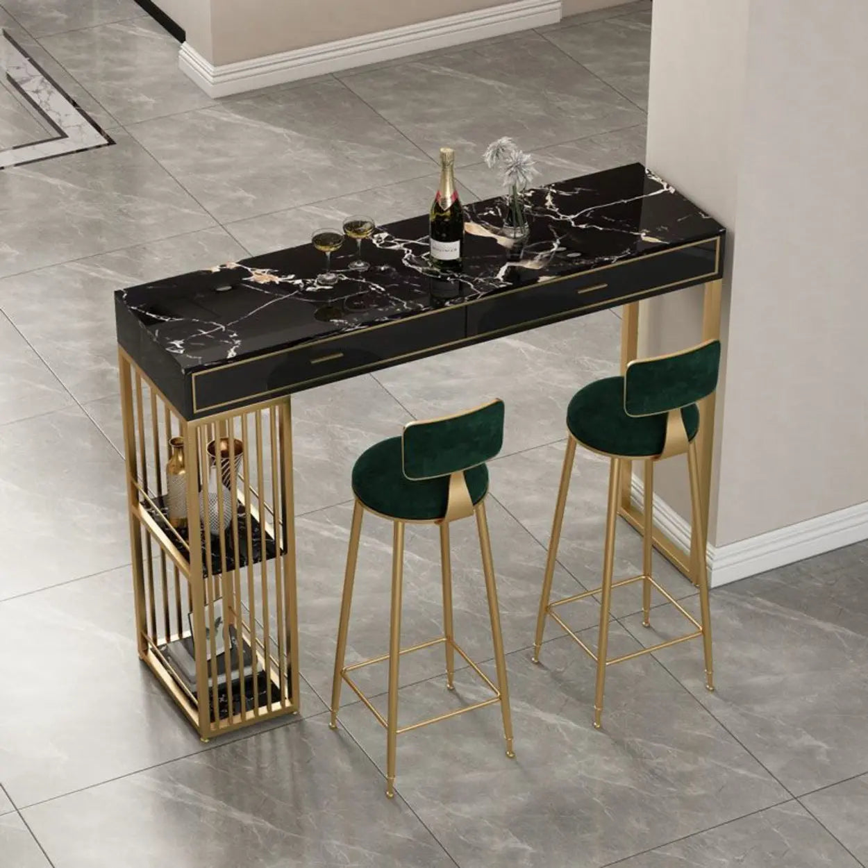 Modern Gold Bar Height Table with Shelves — Gold-White / Table Only