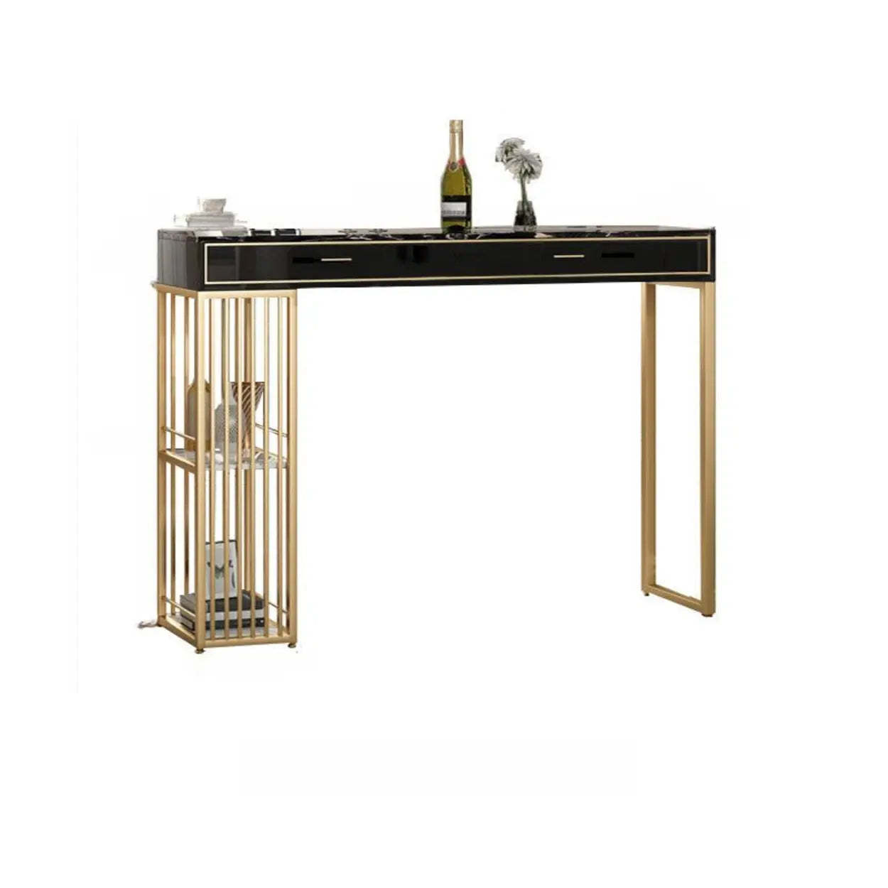 Modern Gold Bar Height Table with Shelves — Gold-Black / Table Only
