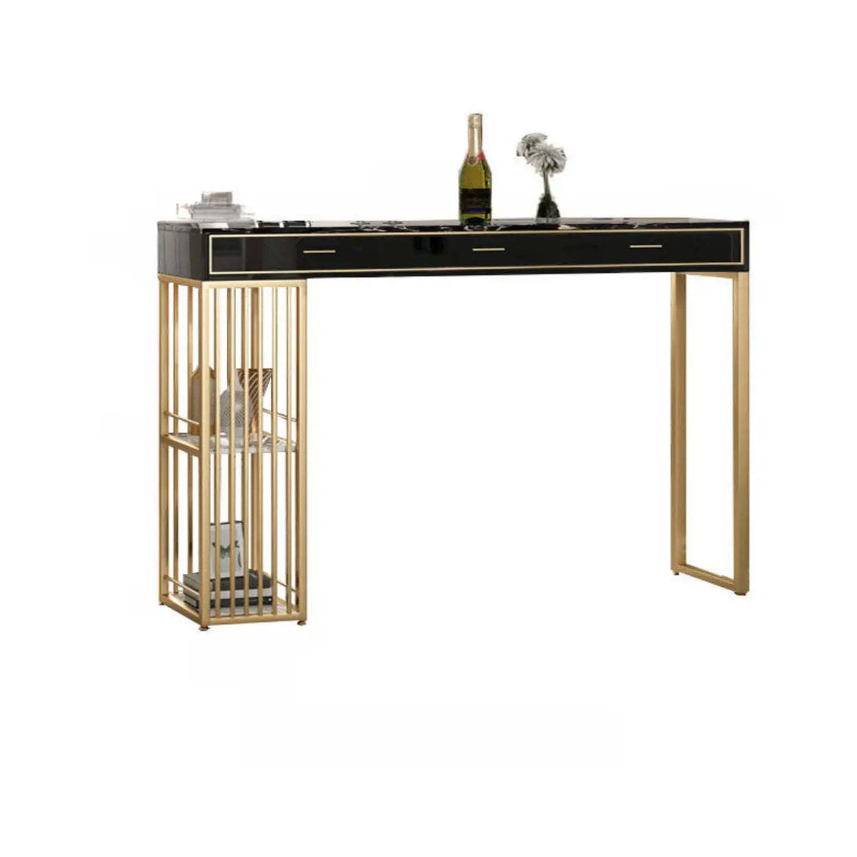 Modern Gold Bar Height Table with Shelves — Gold-Black / Table Only