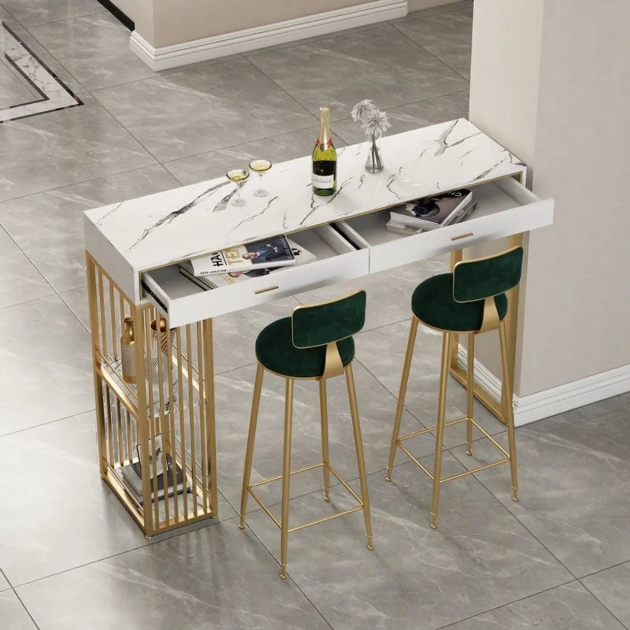 Modern Gold Bar Height Table with Shelves — Gold-Black / Table Only