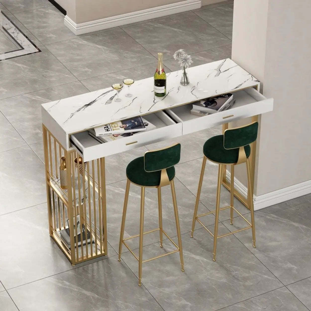 Modern Gold Bar Height Table with Shelves — Gold-Black / Table Only