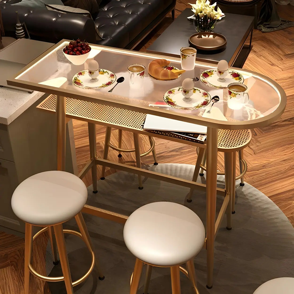 Modern Gold Counter Height Bar Table with Shelf — Stone / Table Only