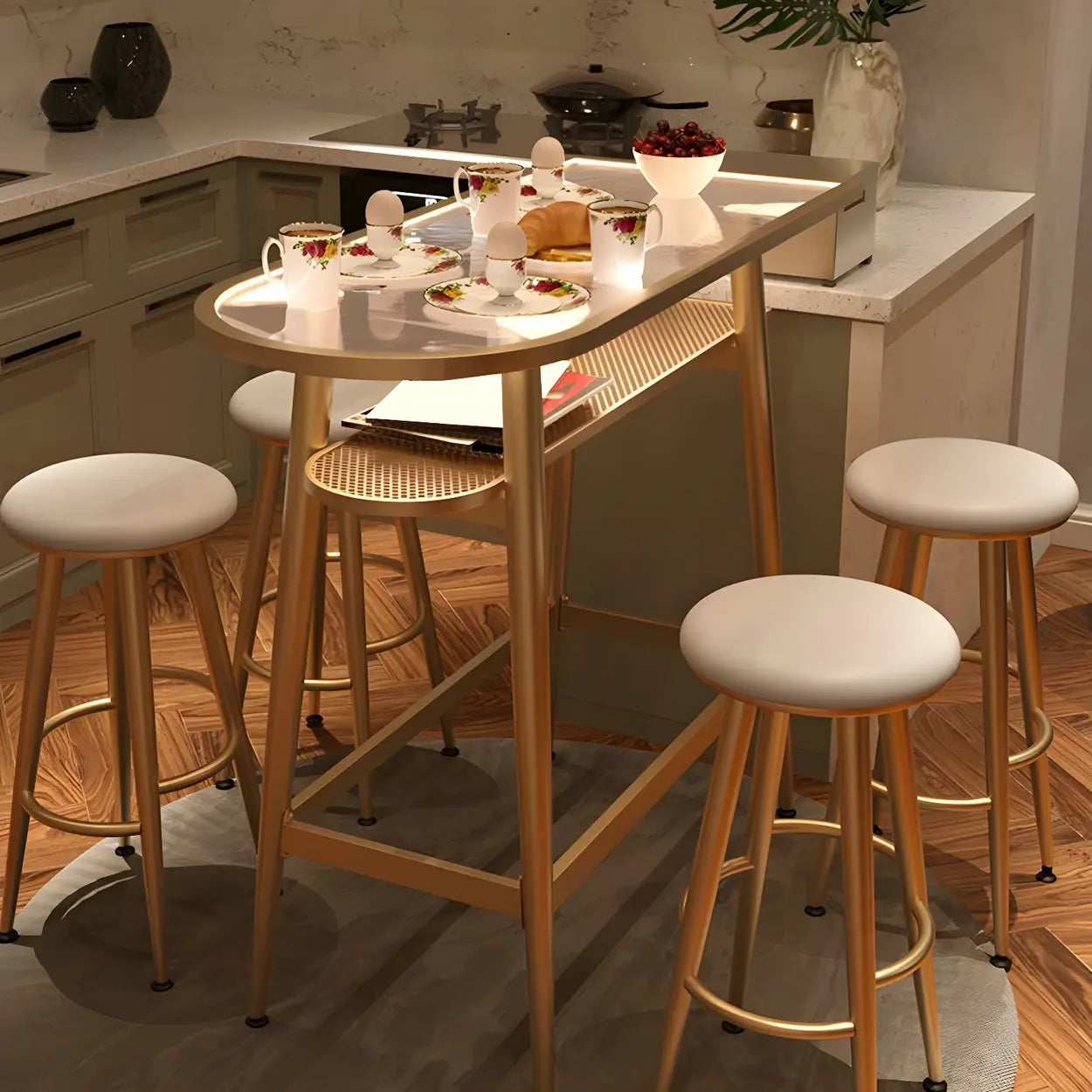 Modern Gold Counter Height Bar Table with Shelf — Glass / Table Only
