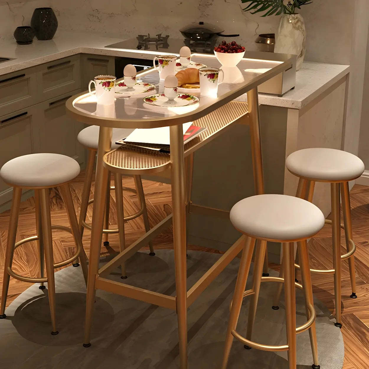 Modern Gold Counter Height Bar Table with Shelf — Glass / Table Only