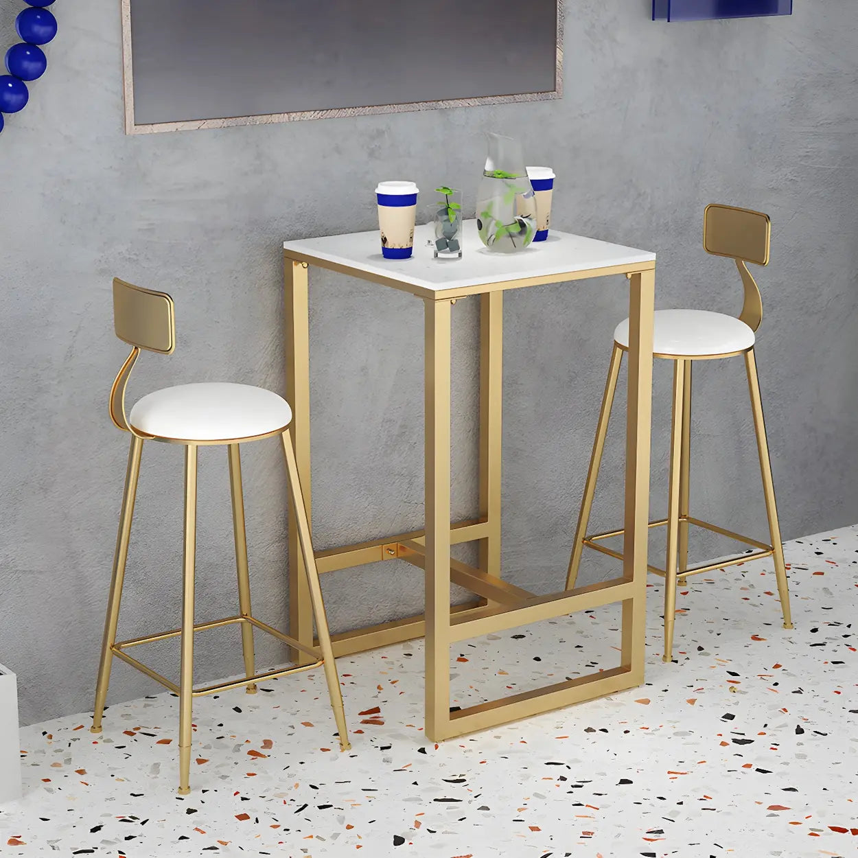 Modern Gold Square Faux Marble Bar Table — Gold / Table Only